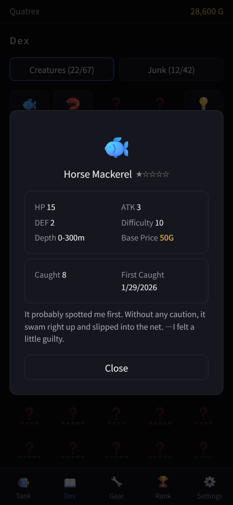 Creature detail screen